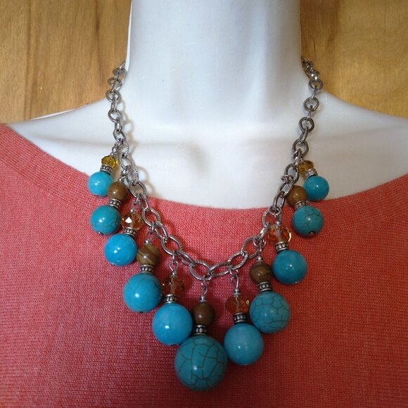 CHUNKY BEADED FAUX TURQUOISE FACETED PRINCESS NECKLACE SILVER TONE CHAIN J10 - Picture 3 of 7